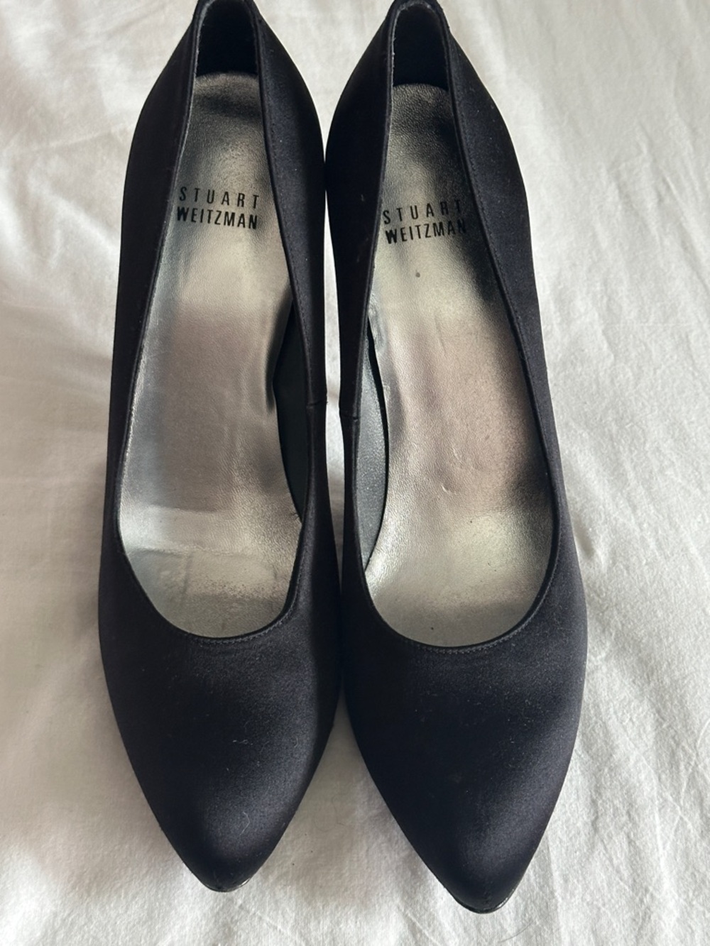 Stuart Weitzman Black Pointed-Toe Satin Pumps